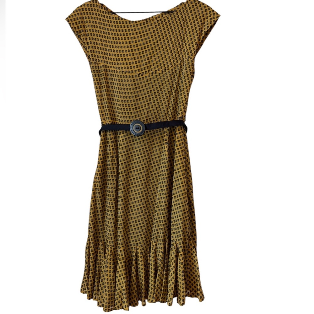 Eva Franco Silk Blend Belted Dress Sz 8 Mustard Yellow Black Pleated Hem Ruched - Picture 7 of 12